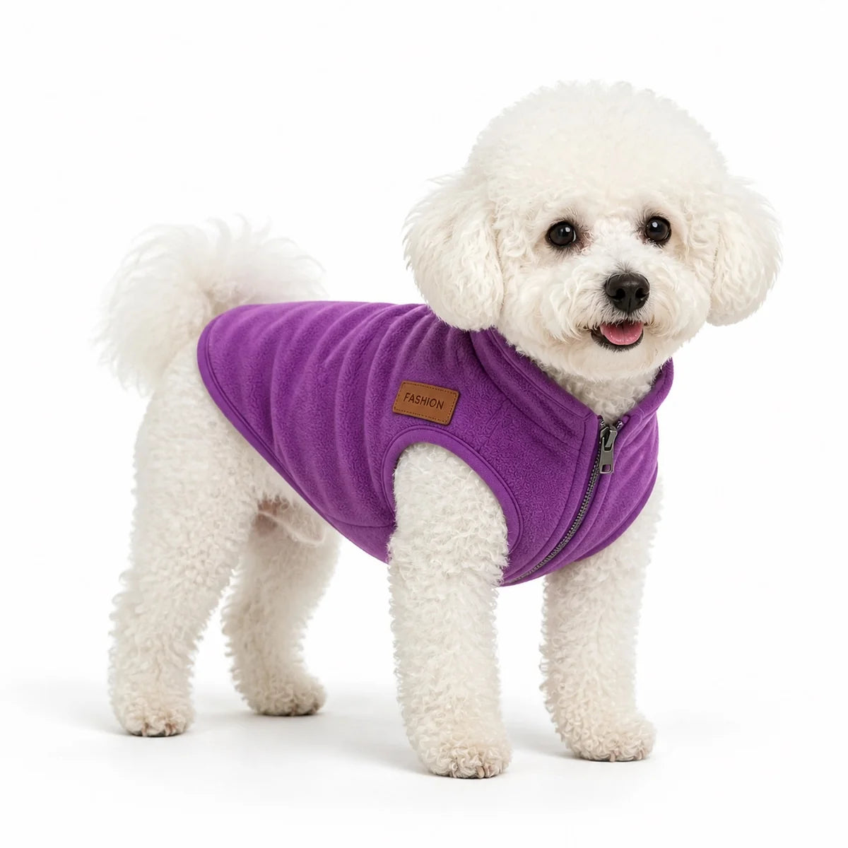 dog wearing a Purple fleece zip-up dog vest