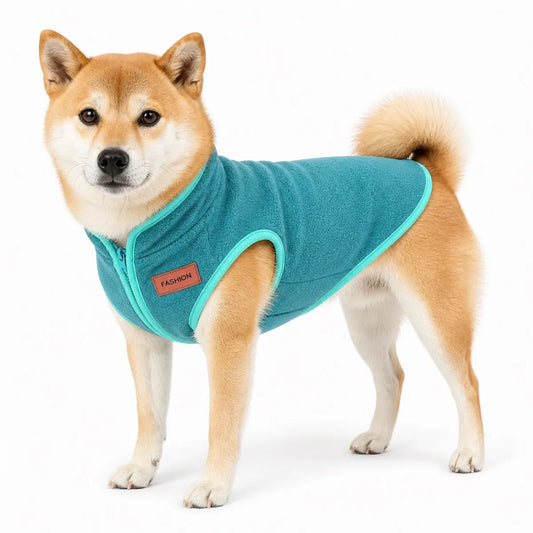 dog wearing a Teal fleece zip-up dog vest