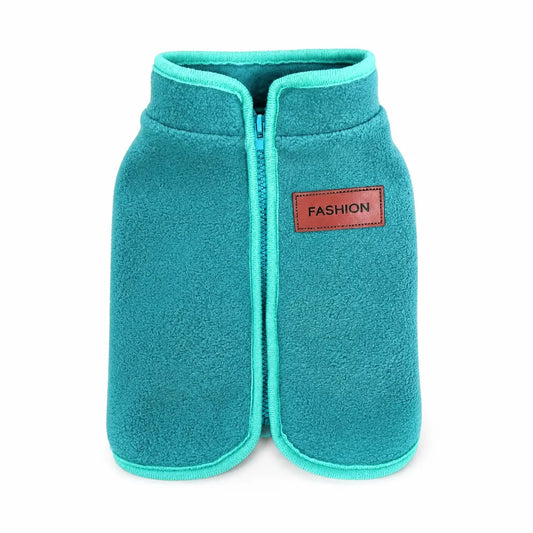 Teal fleece zip-up dog vest shown alone on a white background