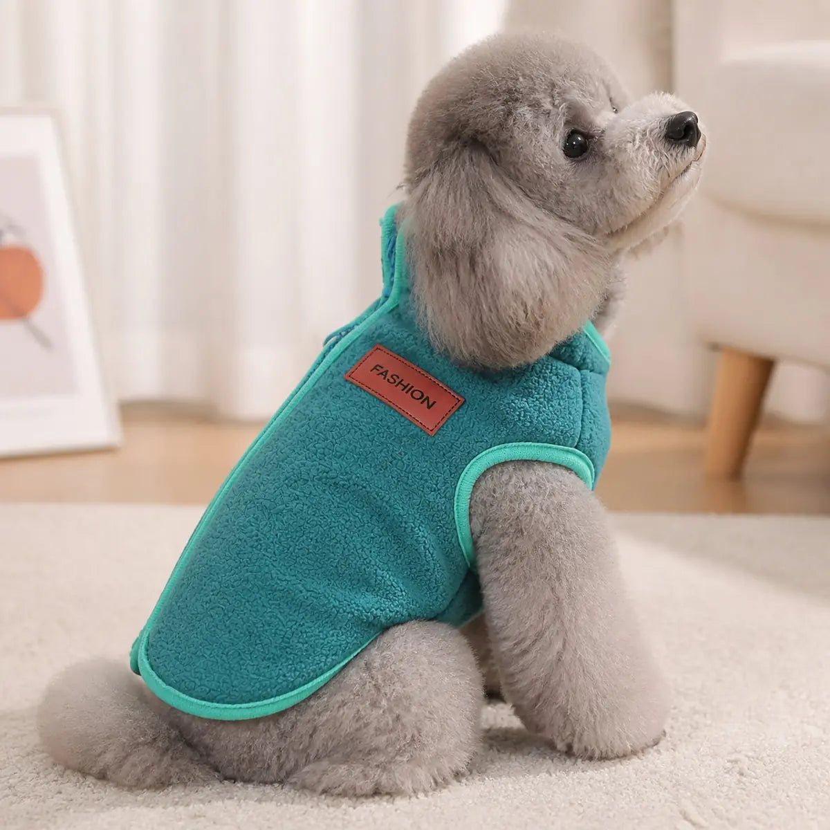 Teal fleece zip-up dog vest feature view