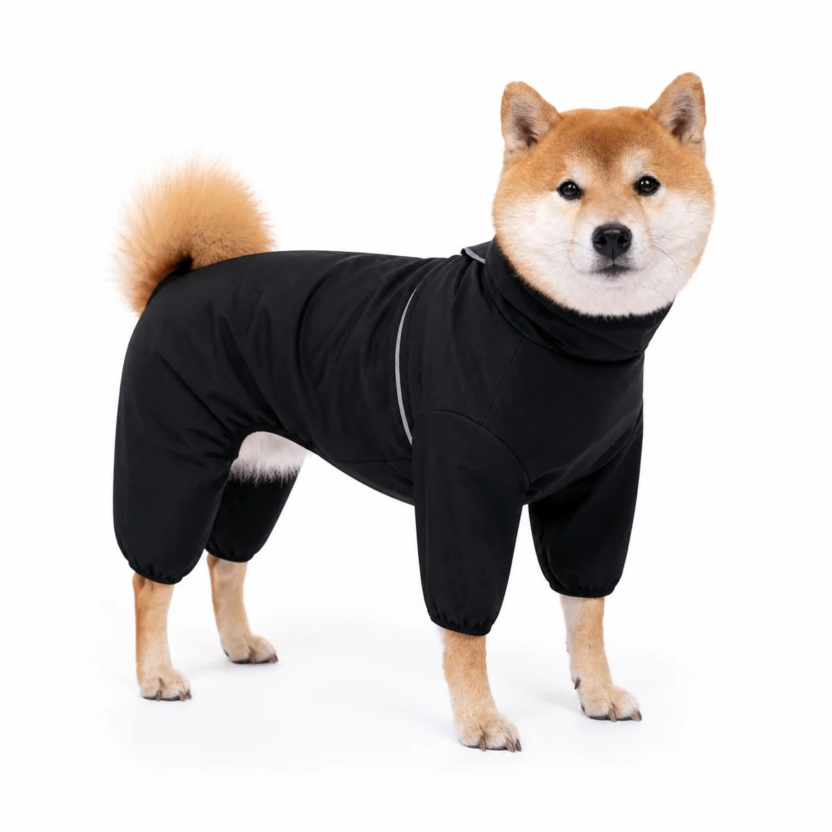 Black four-leg dog rain jacket worn by a dog on a white background