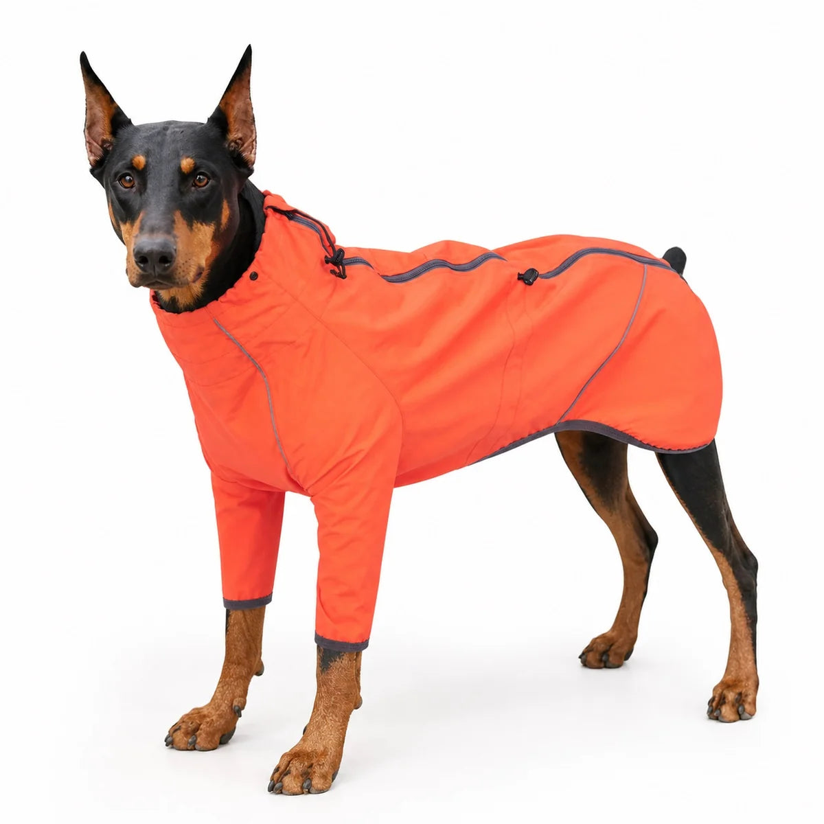Orange four-leg dog rain jacket worn by a dog on a white background