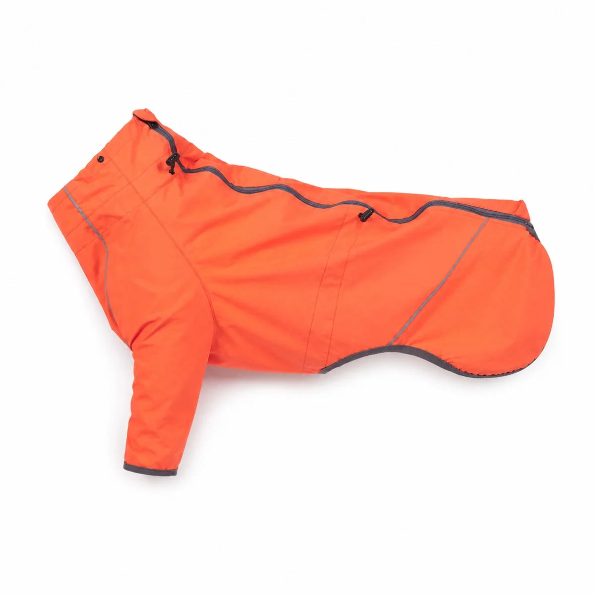 Orange four-leg dog rain jacket shown alone on a white background
