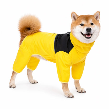 Yellow four-leg dog rain jacket worn by a dog on a white background