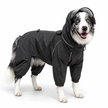 Black male rain suit full-coverage dog rain suit worn by a pet on a white background, image 6