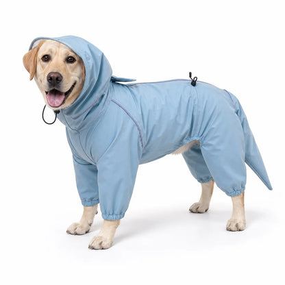 Blue male rain suit full-coverage dog rain suit worn by a pet on a white background, image 3
