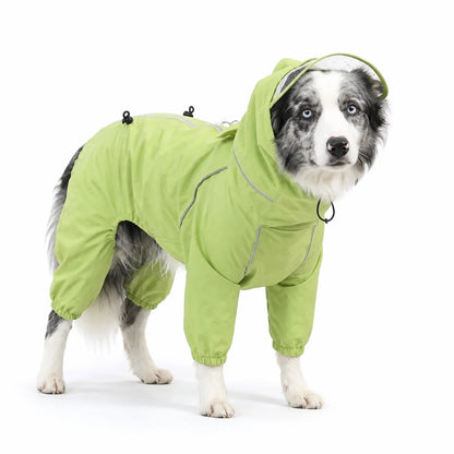 Green male rain suit full-coverage dog rain suit worn by a pet on a white background, image 5