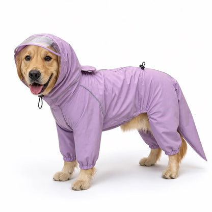 Purple male rain suit full-coverage dog rain suit worn by a pet on a white background, image 1