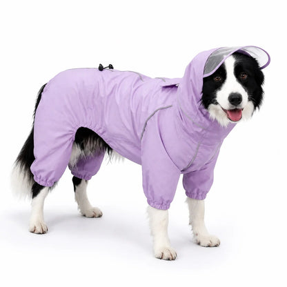 Purple female rain suit full-coverage dog rain suit worn by a pet on a white background, image 9
