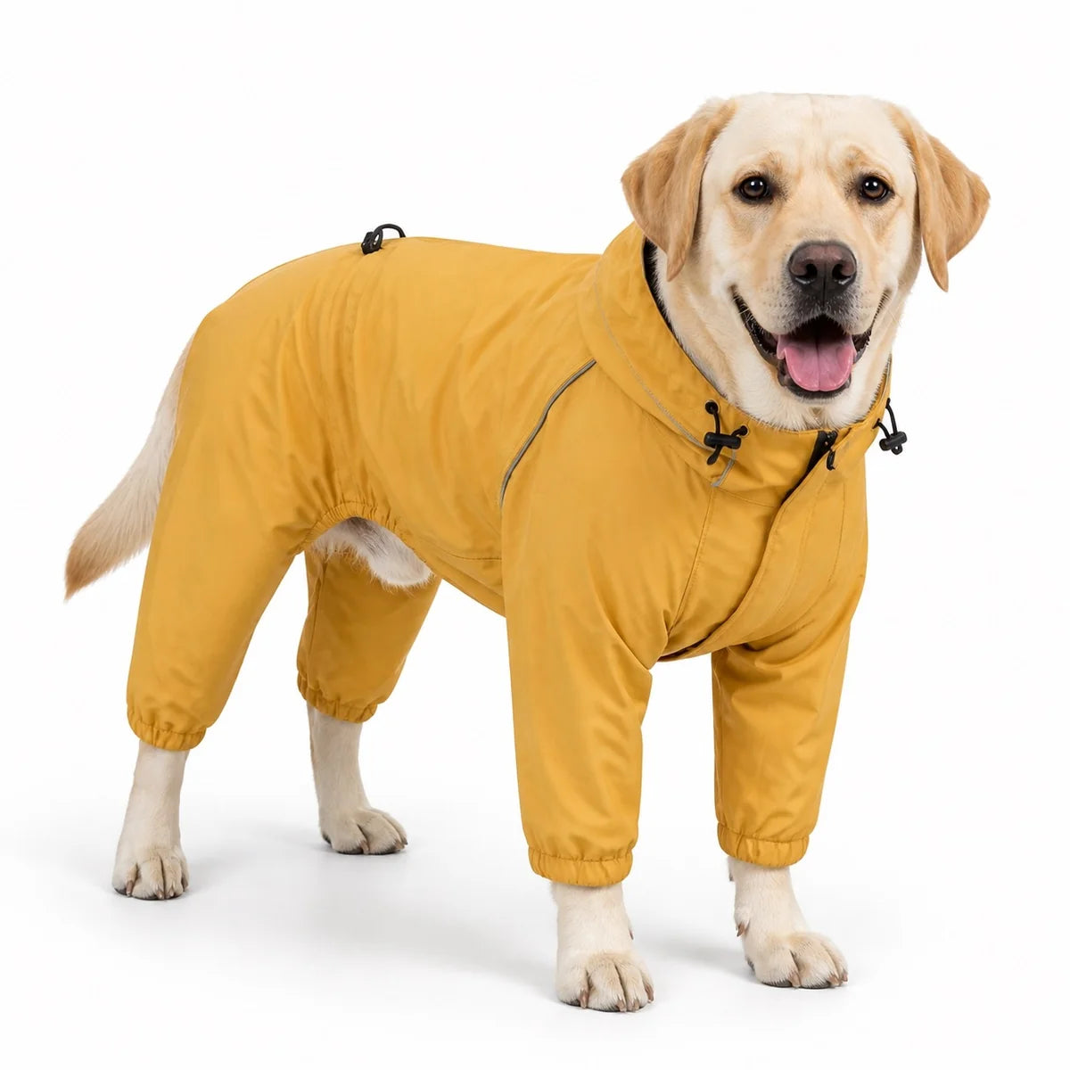 Yellow female rain suit full-coverage dog rain suit worn by a pet on a white background, image 11