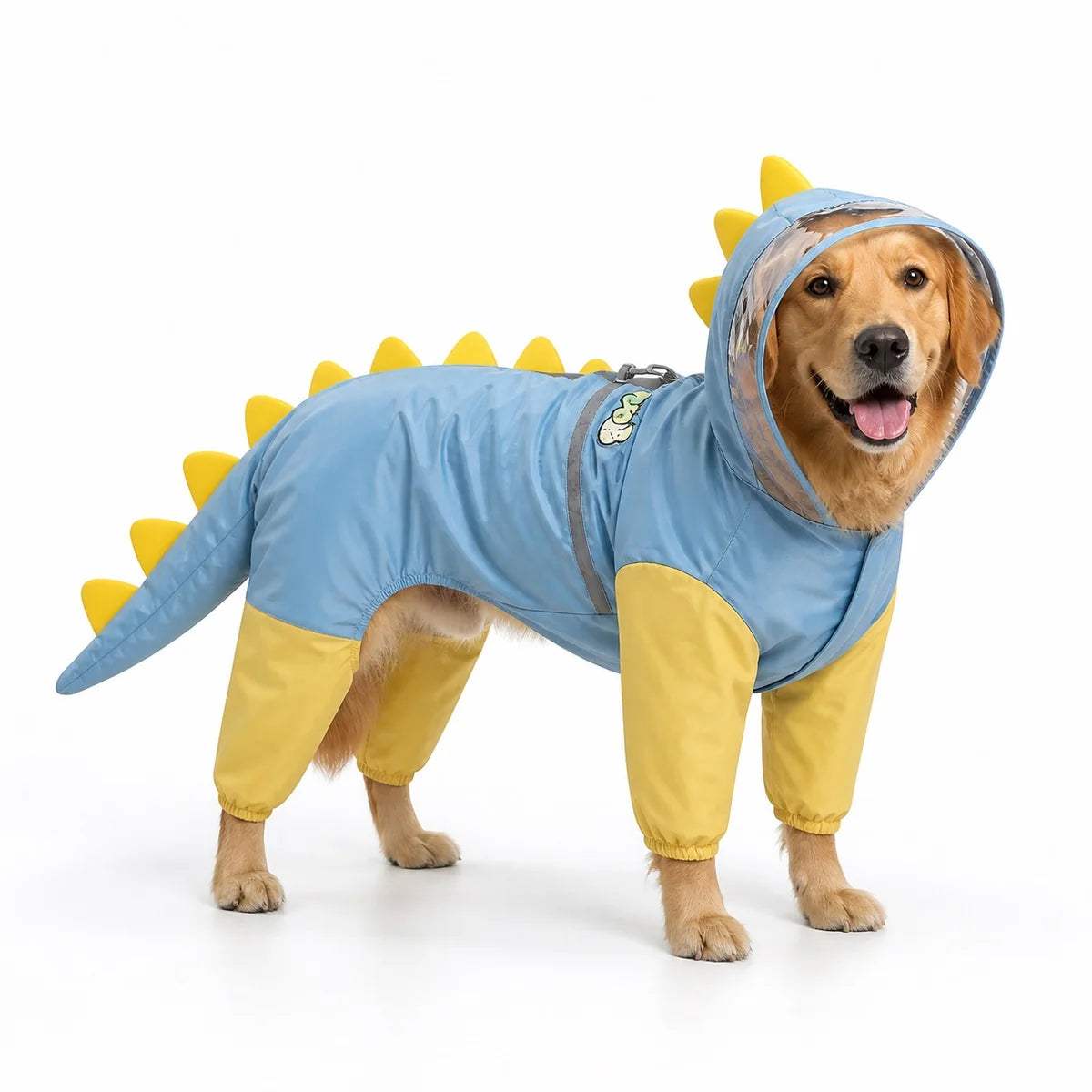 Blue colorway 08 full-coverage large dog raincoat worn by a pet on a white background, image 9