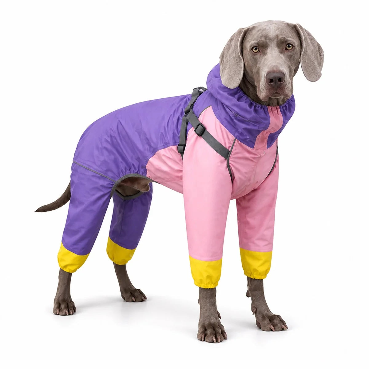 Purple colorway 04 full-coverage large dog raincoat worn by a pet on a white background, image 5