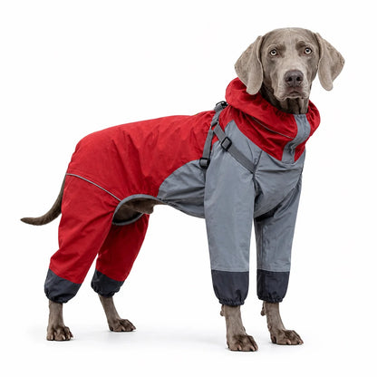 Red colorway 03 full-coverage large dog raincoat worn by a pet on a white background, image 4