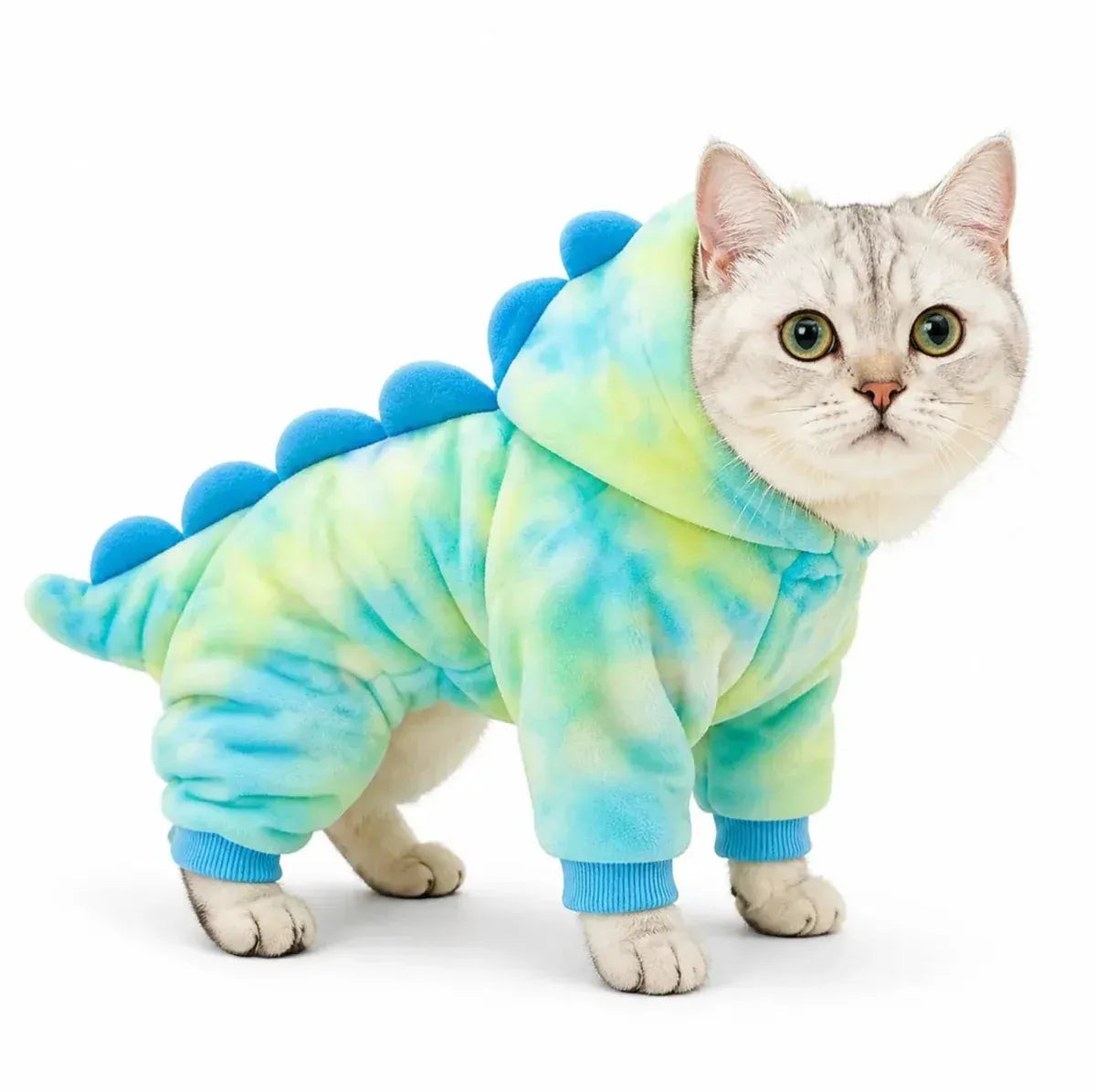 Mint Blue (Pastel) dinosaur fleece pet costume worn by a cat on a white background