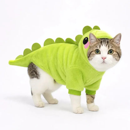 Lime Green dinosaur fleece pet costume worn by a cat on a white background
