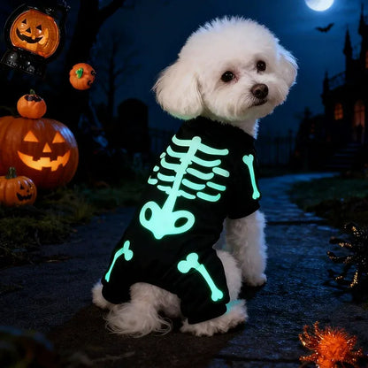 White dog wearing a glowing skeleton Halloween costume in a spooky outdoor scene