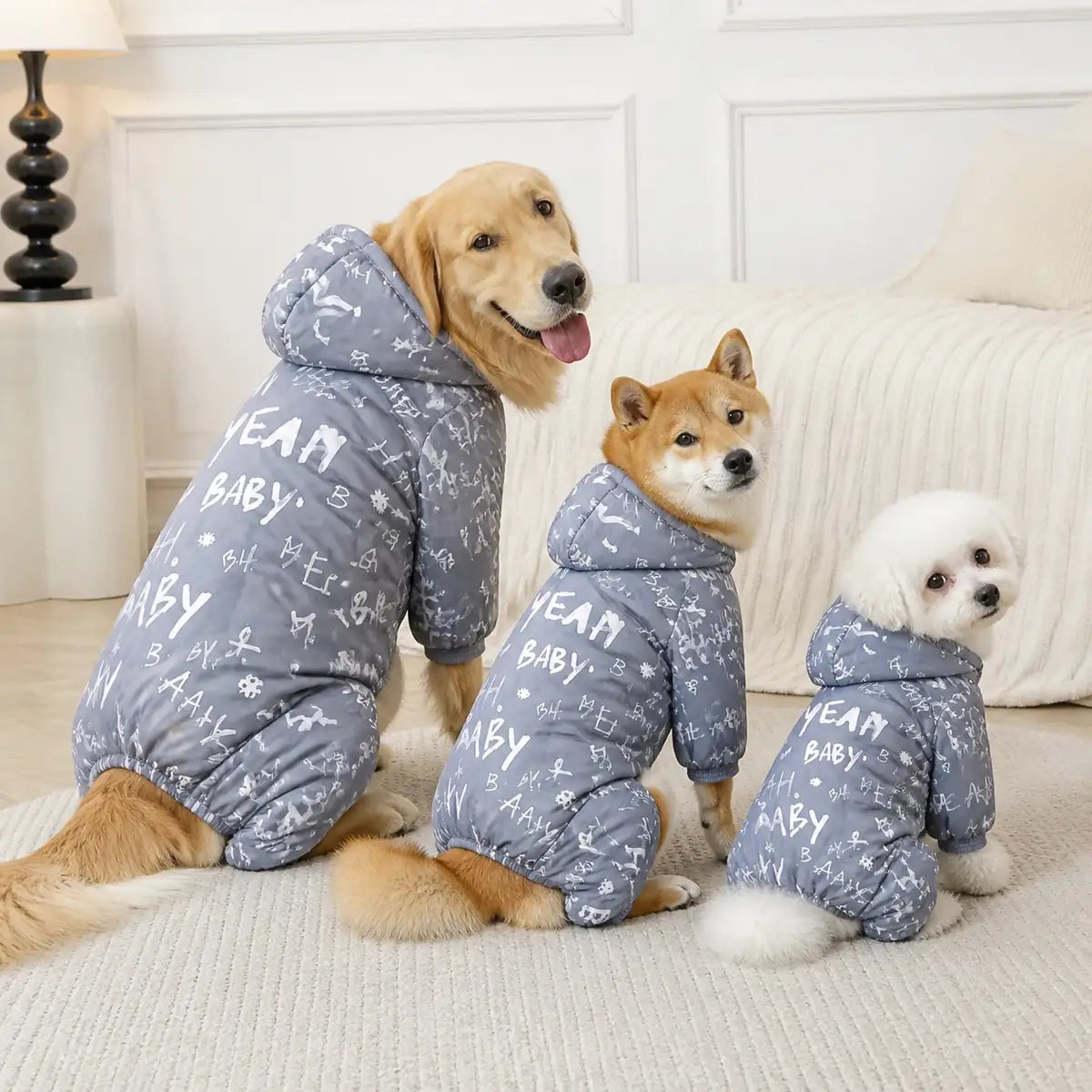 gray graphic print four-leg dog coat multi-breed showcase