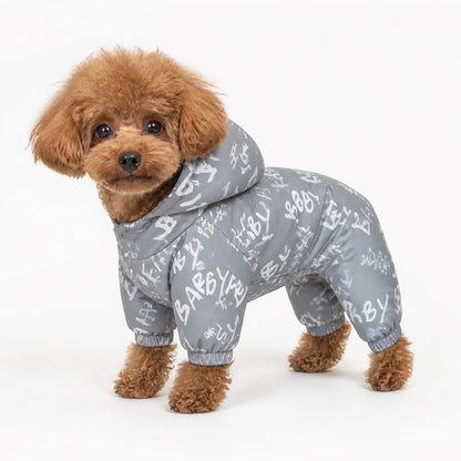 Gray gray printed four-leg dog coat worn by a pet on a white background, image 1