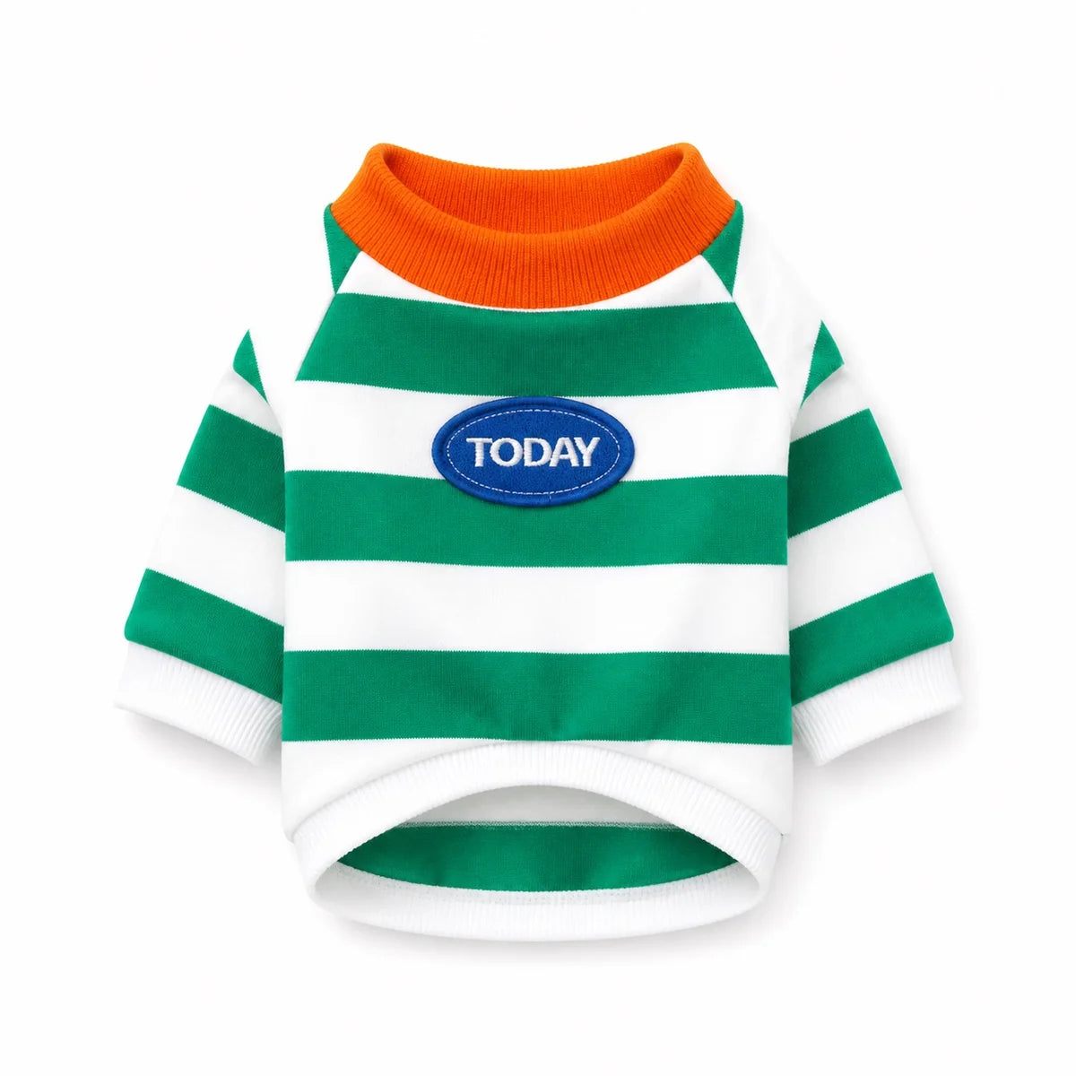 Green green striped dog shirt shown alone on a white background