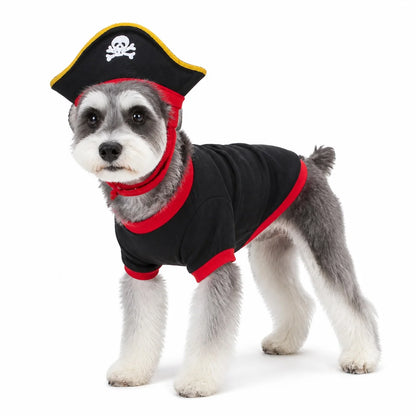 Black pirate hat halloween pet costume set worn by a pet on a white background, image 7