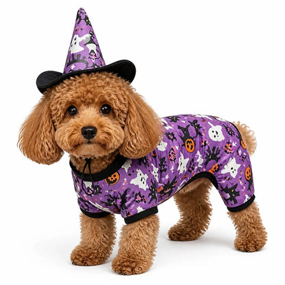 Purple witch hat halloween pet costume set worn by a pet on a white background, image 4