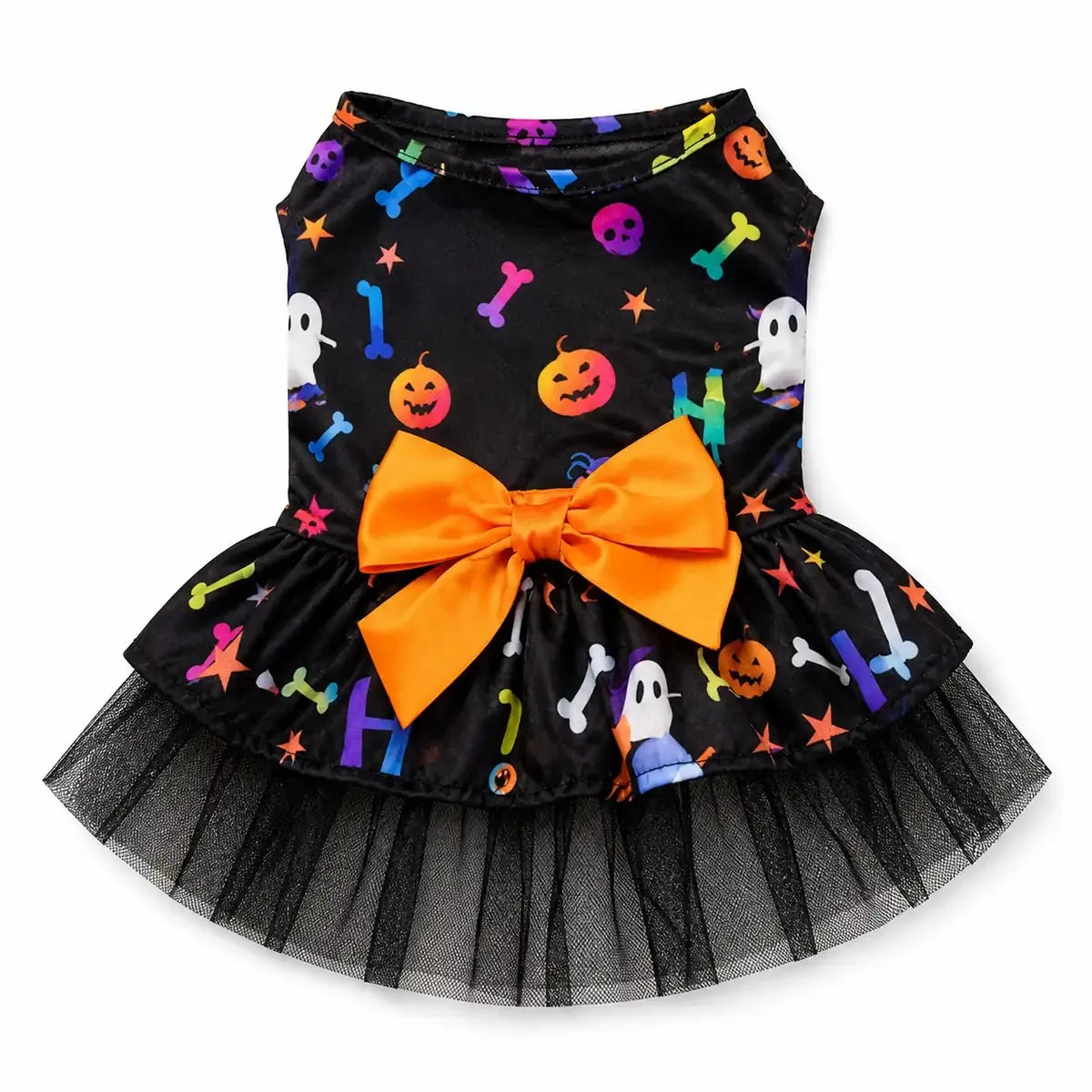 Black Halloween pet dress with layered tulle skirt and colorful festive print