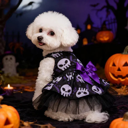 White dog wearing a black skull print tulle dress with a purple bow in a pumpkin scene