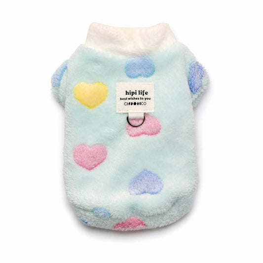 Light Blue Heart heart print fleece pet shirt shown alone on a white background