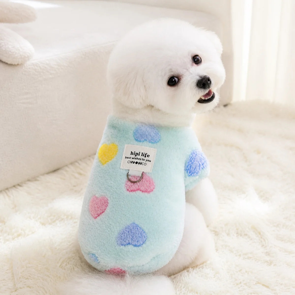 Light Blue Heart heart print fleece pet shirt feature view
