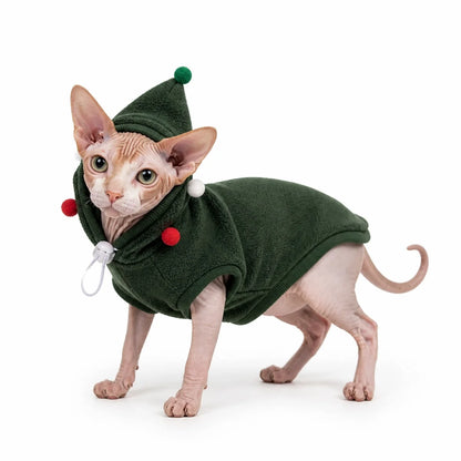 Green hooded fleece holiday hooded fleece pet costume worn by a pet on a white background
