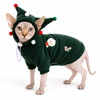 Red hooded fleece suit holiday hooded fleece pet costume worn by a pet on a white background