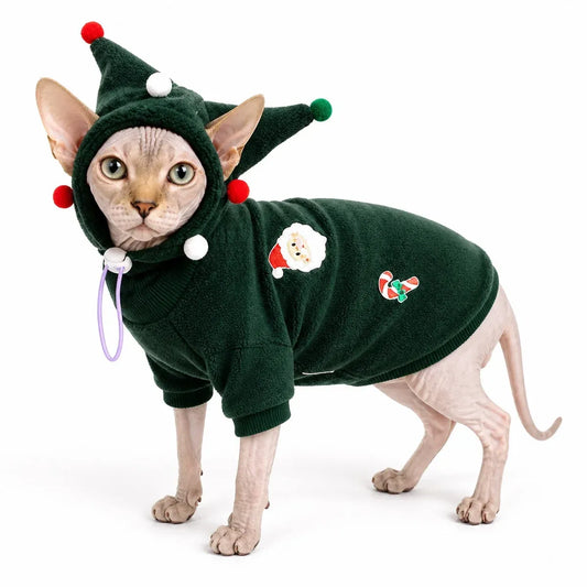 Red hooded fleece suit holiday hooded fleece pet costume worn by a pet on a white background