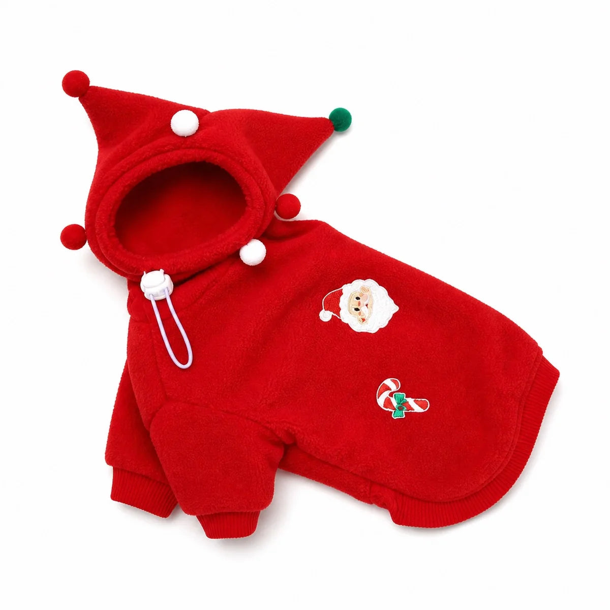 Red hooded fleece suit holiday hooded fleece pet costume shown alone on a white background