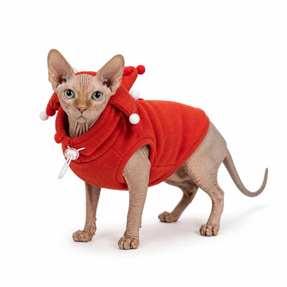 Red hooded fleece holiday hooded fleece pet costume worn by a pet on a white background