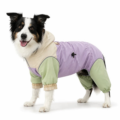 Purple hooded dog rain jacket worn by a pet on a white background