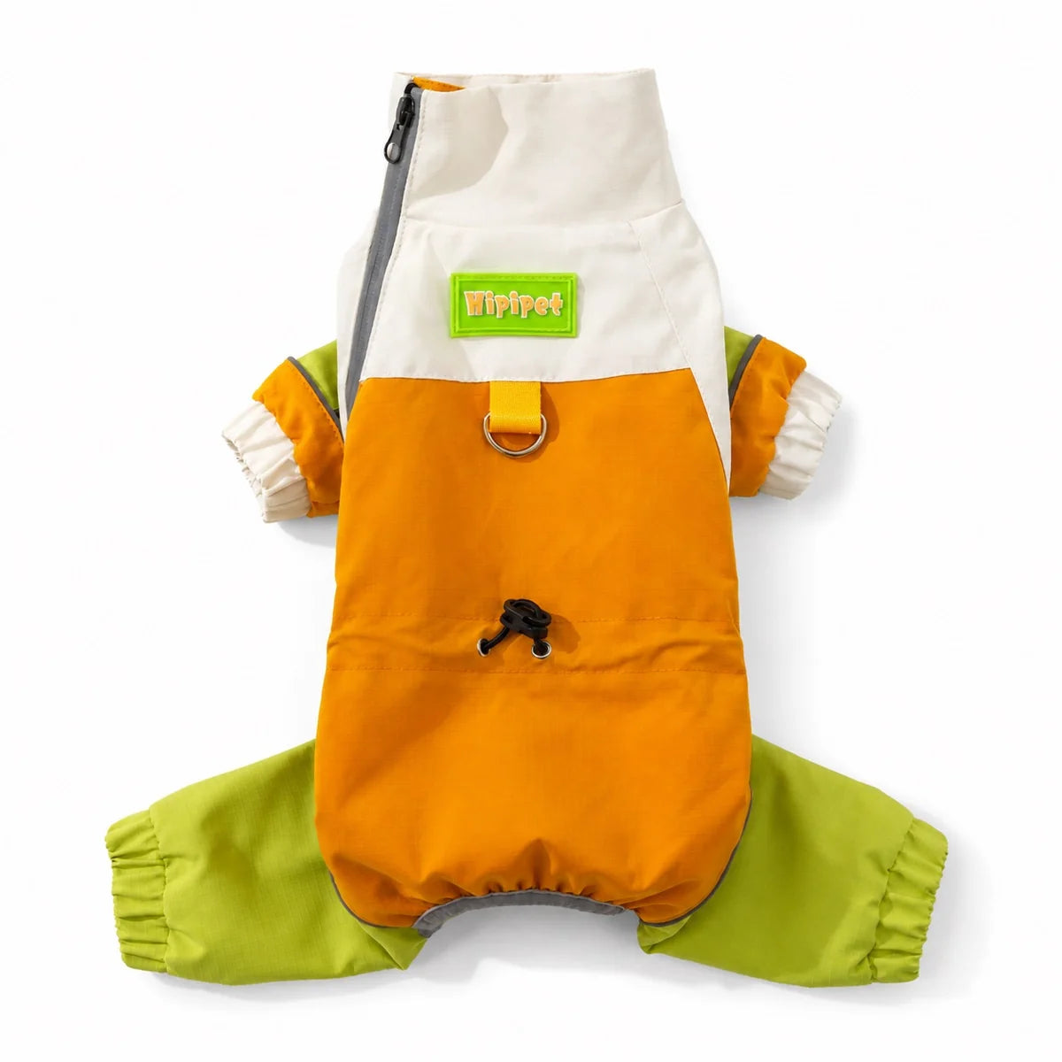 Yellow hooded dog rain jacket shown alone on a white background