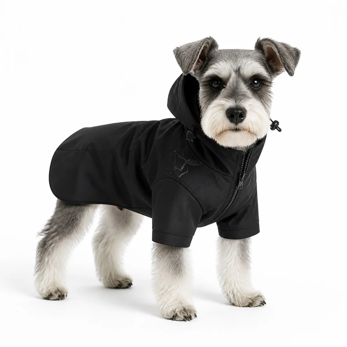 Black hooded dog rain poncho worn by a pet on a white background
