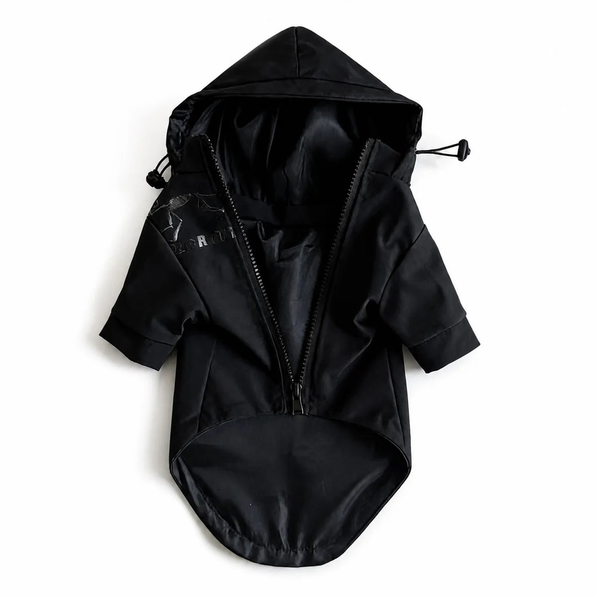 Black hooded dog rain poncho shown alone on a white background