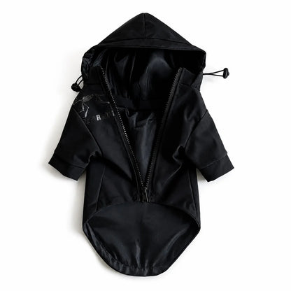 Black hooded dog rain poncho shown alone on a white background