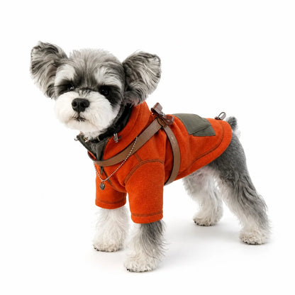 dog wearing a Bright Red hooded dog sweatshirt