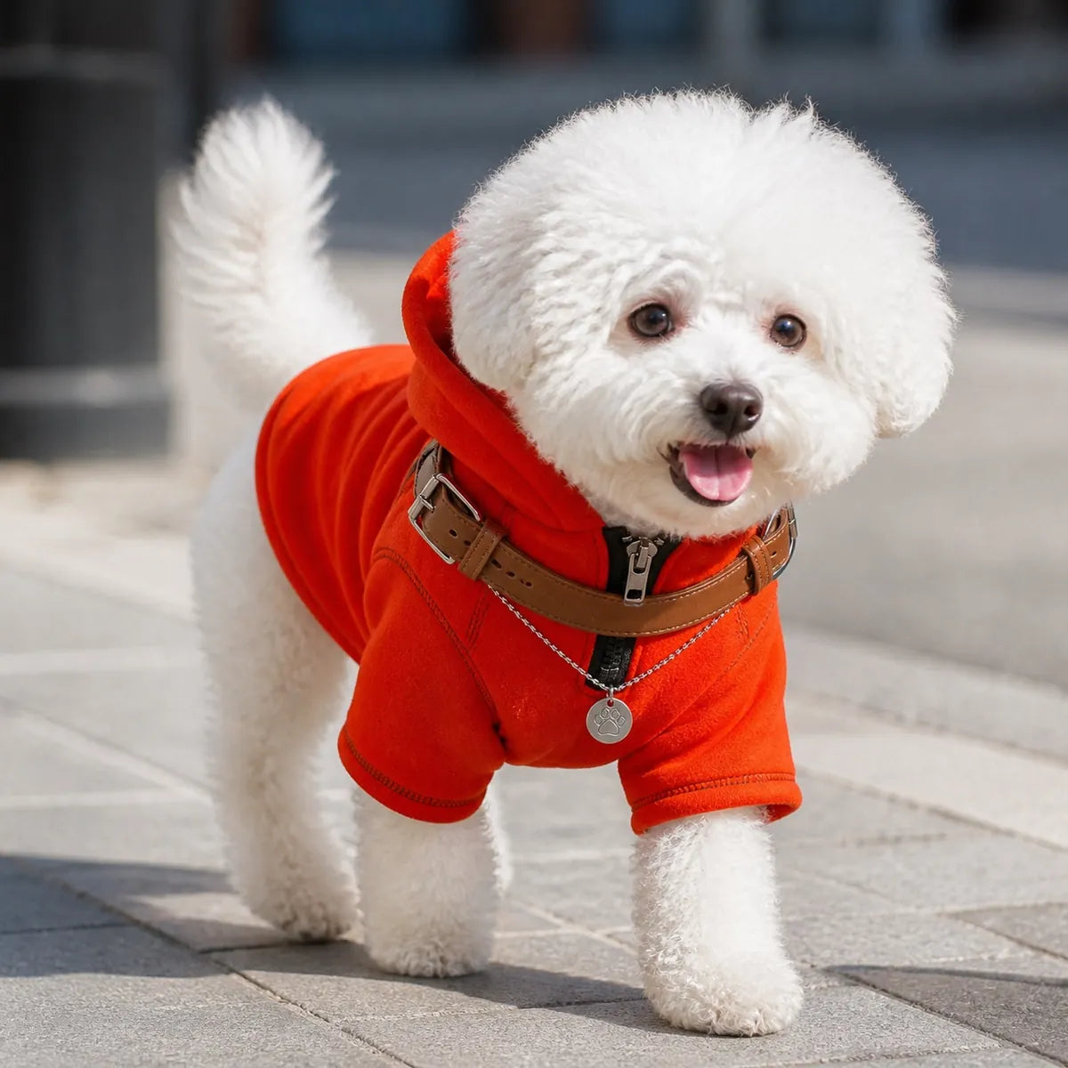 Bright Red hooded dog sweatshirt lifestyle view