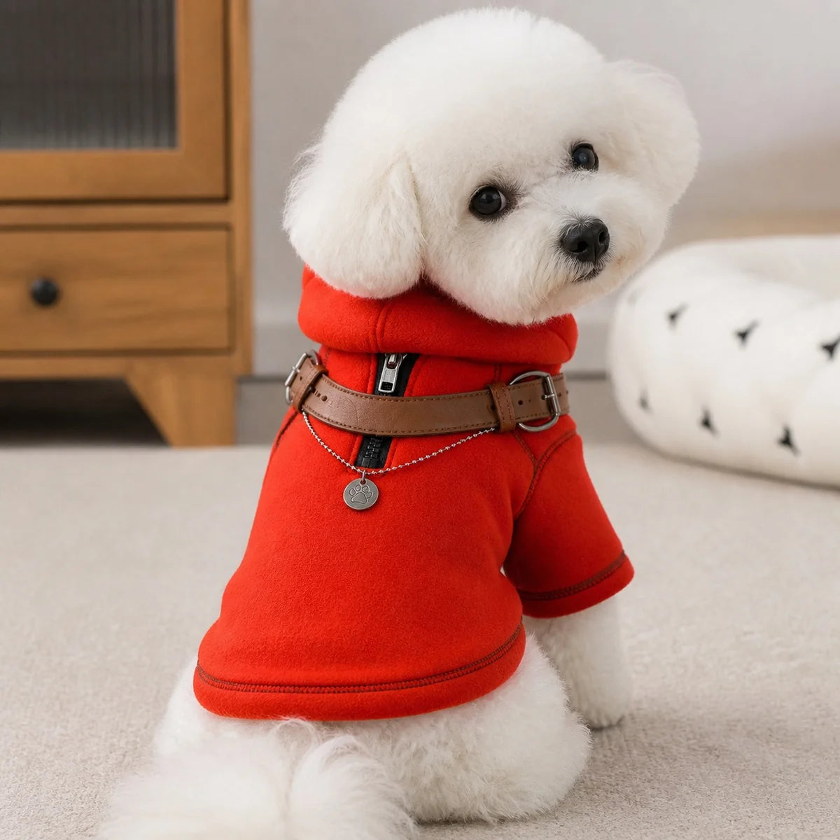 Bright Red hooded dog sweatshirt feature view
