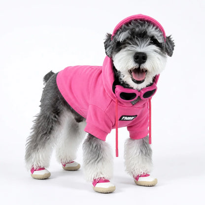dog wearing a Pink hooded dog sweatshirt