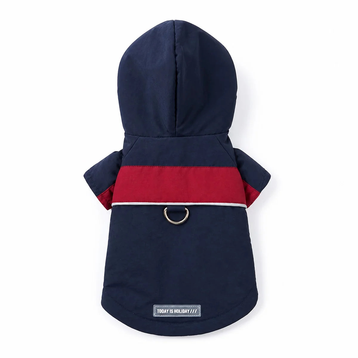 Navy hooded waterproof dog coat shown alone on a white background