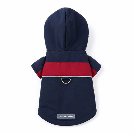 Navy hooded waterproof dog coat shown alone on a white background