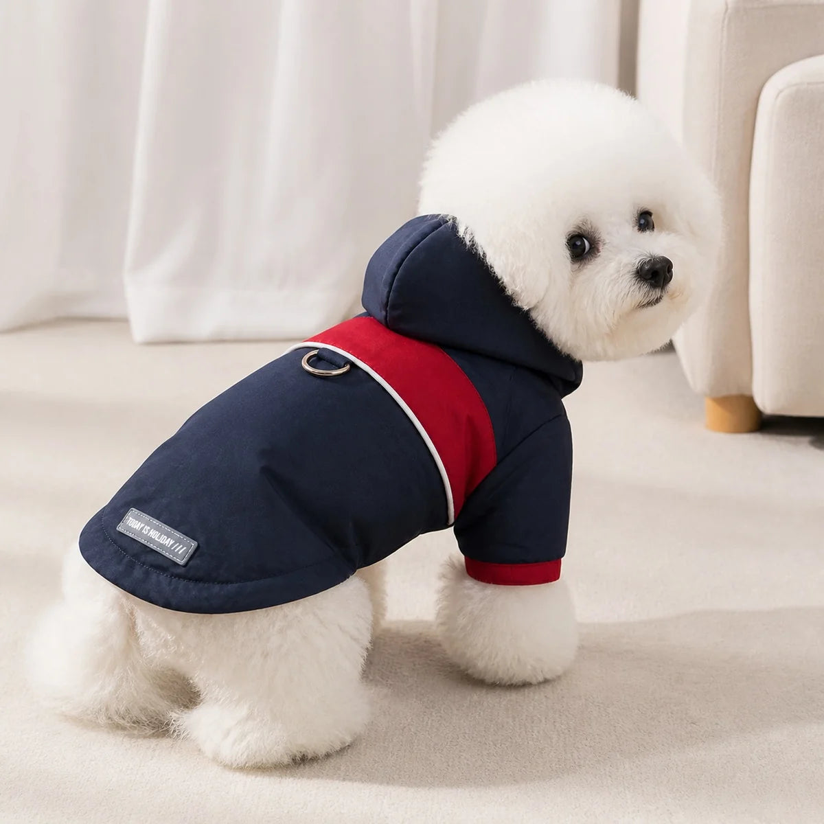 Navy hooded waterproof dog coat feature view