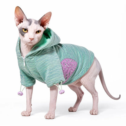 Green mint hooded cat sweatshirt worn by a pet on a white background
