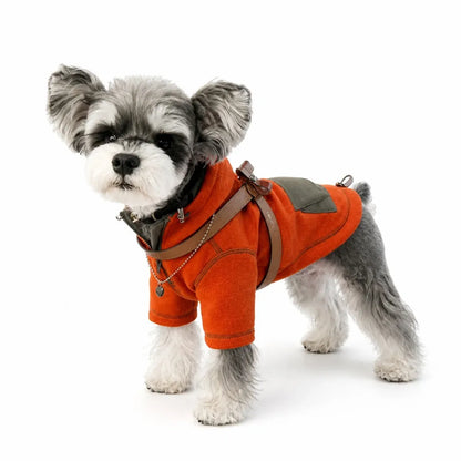 Red Orange Fleece Dog Hoodie worn by a dog on a white background