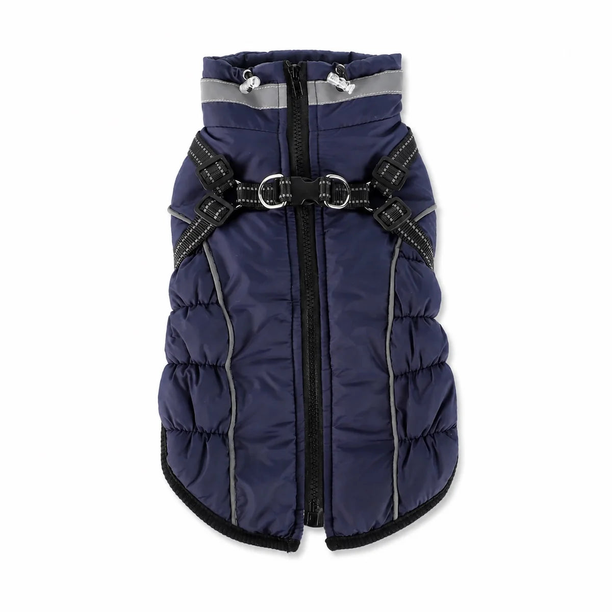 Navy padded dog coat with harness straps shown alone on a white background
