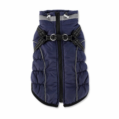 Navy padded dog coat with harness straps shown alone on a white background